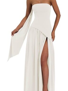 Strapless Asymmetrical White Evening Gown